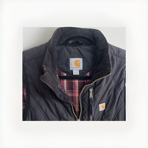 Vintage Carhartt Women's Quilted Vest Corduroy Collar Plaid Flannel Lining - Picture 3 of 7